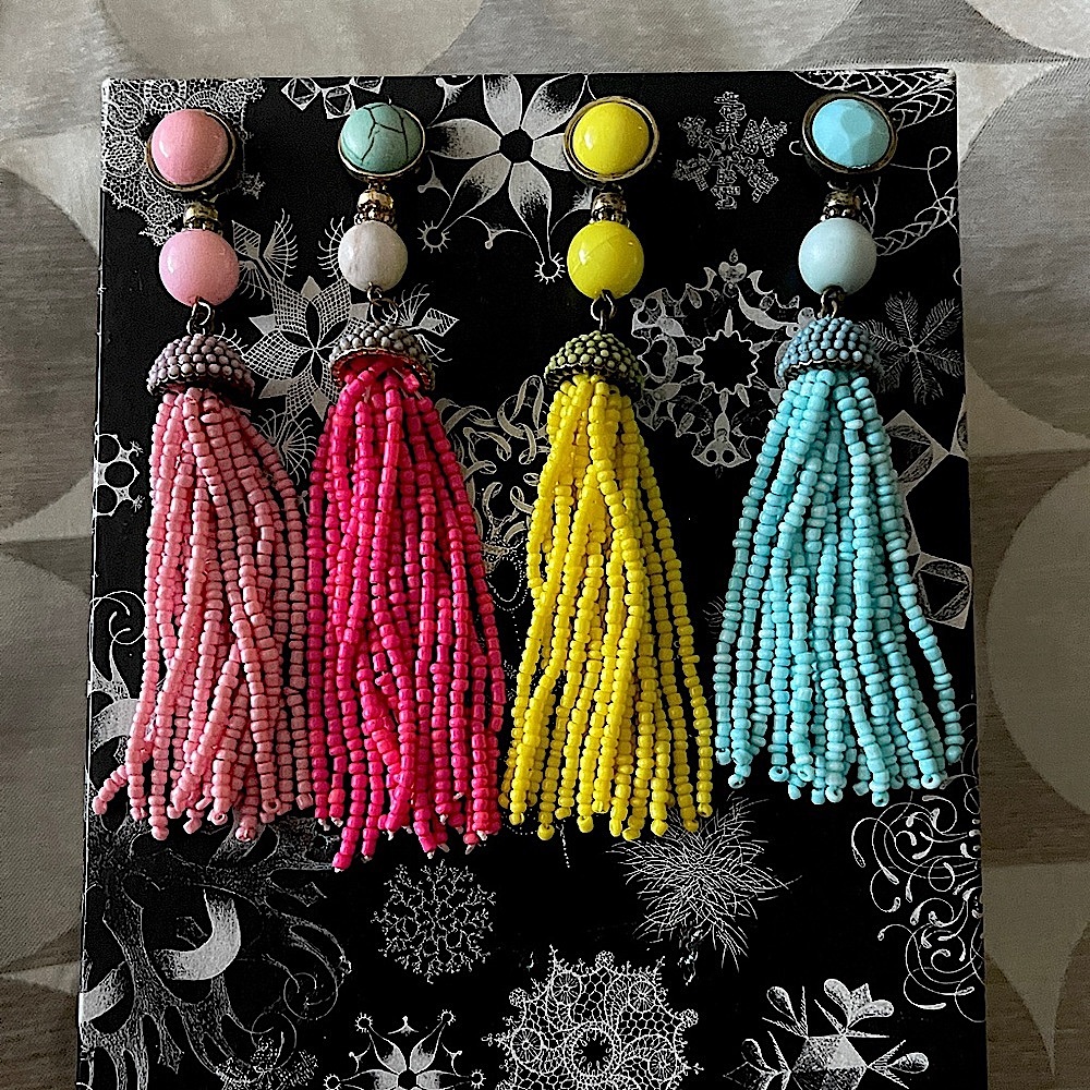 BAUBLEBAR BEADED TASSEL EARRINGS IN LIGHT PINK, HOT PINK, & TURQUOISE & YELLOW.
